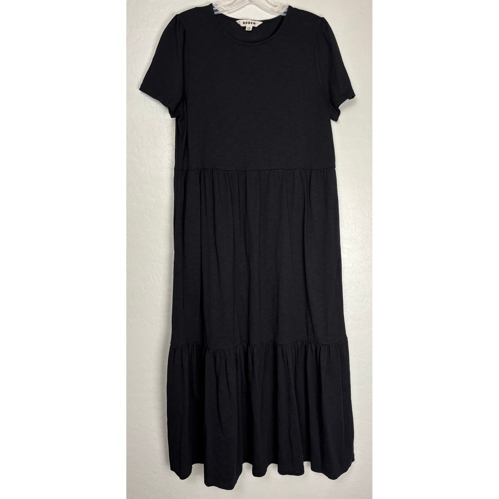 Boden Black Tiered Maxi Dress Cotton Tencel Short Sleeve Pockets US 12R 2377